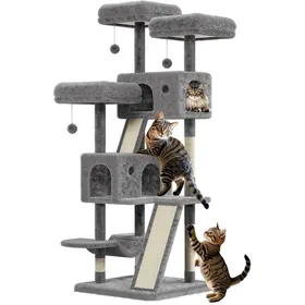 Meilleurs prix pour Arbre à Chat Tour de Jeux Hauteur 169 cm 3 Poteaux à Griffer 2 Plateformes 2 Niches 3 Pompons avec Échelle - Gris Clair