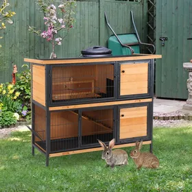 Comparer les prix de Clapier lapin extérieur 2 étages toit bitumé 4 portes verrouillables 122 x 50 x 101 cm bois naturel noir