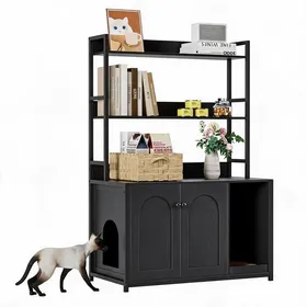 Meilleurs prix pour Meuble cache-litière chat 132cm en bois noir armoire design 2 étagères maison intérieure avec portes pratiques + tapis griffoir