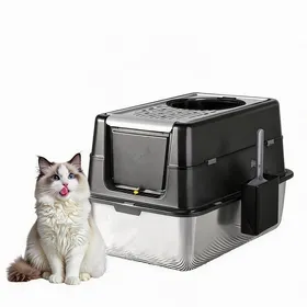 Meilleurs prix pour Litière XL Inox Fermée : Tiroir Couvercle Ventilé & Porte Battante - Anti-Odeur & Fuite - 60x41x435cm - Noir - Pelle Incluse