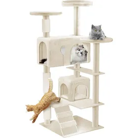Comparer les prix de UISEBRT Grand Arbre à Chat 49x49x130cm avec Grotte Plateformes Escalier et Colonnes en Sisal Meuble descalade Beige K1254