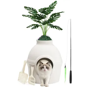 Comparer les prix de Mondeer Bac à litière caché avec plante artificiellemaison chat 2en1 avec filtre charbon 2 pelles+canne à pêche télescopiqueBlanc