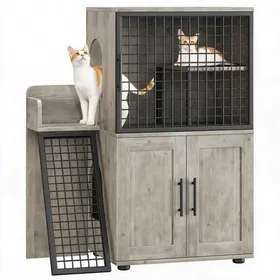 Meilleurs prix pour Armoire cache bac à litière 2 étages pour chat – Design moderne avec plateforme et échelle – Convient bac 56x43cm  – Gris