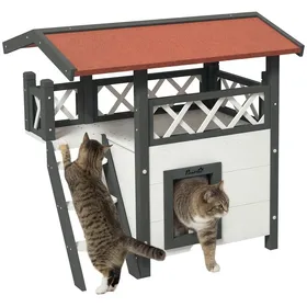 Comparer les prix de Maison lodge pour chat - niche villa avec terrasse, escalier, toit - bois sapin gris blanc toit bitumé rouge