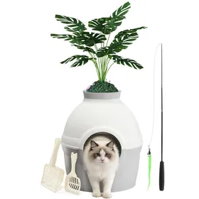 Meilleurs prix pour Mondeer Bac à litière caché avec plante artificielle maison chat 2en1 avec filtre charbon 2 pelles+canne à pêche télescopiqueGris