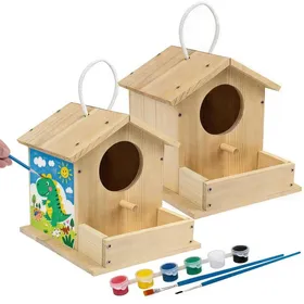 Comparer les prix de 2 Pièces Maison d’Oiseau en Bois à Construire DIY Mangeoire pour Oiseaux à Assembler avec des Pinceaux et des Peintures MANGEOIRE