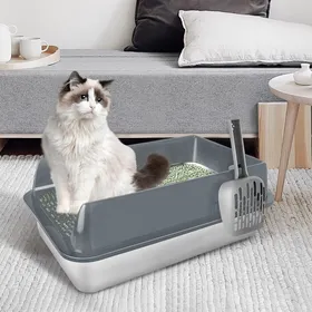 Comparer les prix de MIPAN. XXL Bac À Litière En Acier Inoxydable - Étanche et Anti-Renversement Litière pour Chats Semi-fermée - Avec Pelle  - Gris