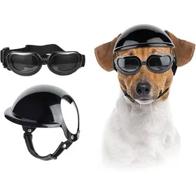 Meilleurs prix pour Casque + lunettes chien ajustables protection UV/coupe-vent/imperméable petites/moyennes races