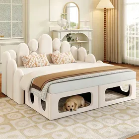 Meilleurs prix pour Lit adulte double 180×200 cm avec niche pour animaux et tête de lit sans matelas velours beige - UVRION