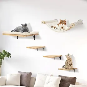 Comparer les prix de Arbre à Chat MuralEnsemble Mural descalade pour Chat avec hamac escalier Mural 5 pièces en Bois Massif pour Chat Beige