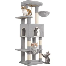 Comparer les prix de Arbre à chat multi-niveaux - JOZSI - 149 cm de haut - Gris clair - 6 niveaux - 5 poteaux à griffer - Hamac
