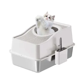 Meilleurs prix pour Bac à litière inox anti-odeurs fermé entrée supérieure parois hautes bac inférieur 15 cm pour grands chats kit complet Blanc