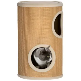 Meilleurs prix pour Arbre à chat cylindrique - tour à griffer pour chat - tonneau griffoir - 2 niches + plateforme - sisal peluche beige