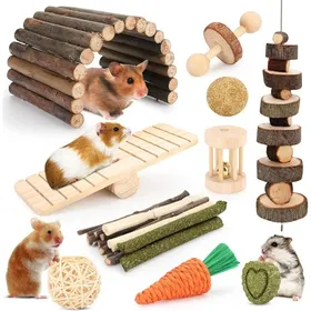 Meilleurs prix pour Jouets à ronger en bois naturel pour rongeurs - lot de 12 accessoires à mâcher pour hamster lapin chinchilla et petit animal