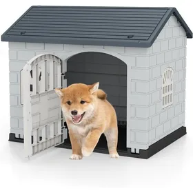 Meilleurs prix pour GOPLUS Niche pour Chien Exterieur XXL en PP Imperméable&Ventilé Plancher Surélevé Cage pour Chiots 75x58x65CM (Gris)