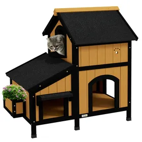 Meilleurs prix pour Niche pour chat en bois de sapin avec plusieurs entrées 2 étages niche extérieure abri pour petits animaux avec toit en asphalte