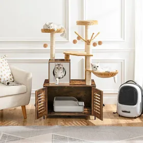 Comparer les prix de HOOBRO Arbre à Chat avec Maison de Litière pour Chat, Maison pour Chat en Bois avec Tour à Chat