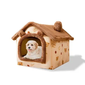 Meilleurs prix pour Lit-grotte pour chats et chiens igloo en peluche chaude maison pliable et confortable fond antidérapant (S ours brun)