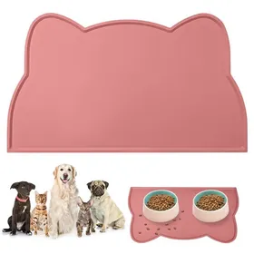 Meilleurs prix pour Tapis Gamelle Chien et Chat 45 * 25cm Forme de tête de Chat Mignon Tapis Antiderapant Dessous Gamelles pour Animaux (Rose)