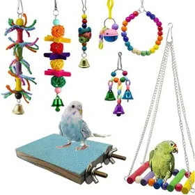 Meilleurs prix pour Lot de 8 jouets pour oiseaux et perroquets balançoire en bois naturel à mâcher debout suspendu perchoir hamac corde échelle