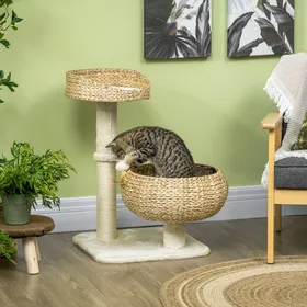 Meilleurs prix pour Arbre à chat griffoir 2 niveaux hauteur 72 cm poteau sisal avec niche et plateforme 1 balle suspendue