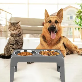 Meilleurs prix pour JEOBEST Gamelle pour animaux de compagnie réglable en acier inoxydable 3 hauteurs chats et chiens - Gris