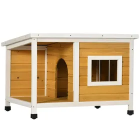 Meilleurs prix pour Niche Pour Chien 855x62x60cm Véranda+toit Ouvrant+fenêtre Pieds Réglables Bois Naturel+Blanc Abri Confortable Animal