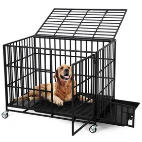 Meilleurs prix pour Cage pour Chien en Métal Renforcé 3 Portes Roulettes Bac Extrable Grands Chiens Intérieur/Extérieur 107*75*86cm  Noir