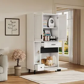 Meilleurs prix pour Meuble Cache Bac à Litière pour Chat Rangement + espace chat Panneau de fibres Sans bac à litière inclus
