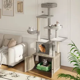 Meilleurs prix pour Arbre à chat avec bac à litière grande maison de jeu multiniveau avec grand condo meubles en bois pour chats dintérieur gris