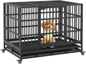 Comparer les prix de Cage Pour Chien Avec 2 Portes Roulettes Verrouillables, Plateau Amovible, Pour Moyenne et Grande Taille Jusqu'à 30kg -108cm