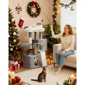 Comparer les prix de Arbre a Chat Petit Arbre à Chat de 98 cm avec Grande Plateforme Souple Pompons Panier Griffoir et Planche à GratterGris Clair