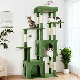 Meilleurs prix pour Arbre à chat multiniveau - GARVEE - avec griffoir plateforme jouets suspendus intégrés et 2 cabanes Hauteur 155 cm - Vert