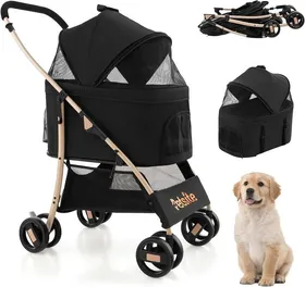 Meilleurs prix pour GOPLUS 3 en 1 Poussette Pliable pour Chien Chat, Siège Amovible, Auvent Réglable, Entrée en Maille Zippée, Panier de Rangement,