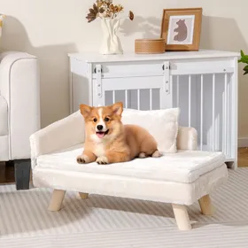 Meilleurs prix pour Lit Surélevé pour Animaux de Compagnie COSTWAY Coussin Amovible Oreiller Pieds en Bois Massif Dossier Canapé pour Animal Blanc