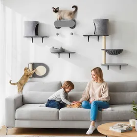 Meilleurs prix pour Étagères murales pour chat arbre à chat mural 5 pièces 2 niches hamac plateformes griffoirs en sisal gris