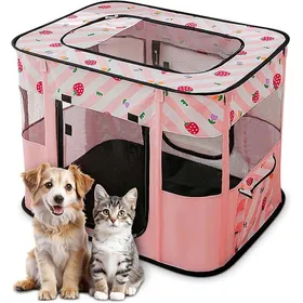 Meilleurs prix pour Parc pour Chien Pliable Enclos Portable pour Chiot Chat Lapin Tente Respirante du2019Intérieur/Extérieur M Fraises Roses CLAPIER