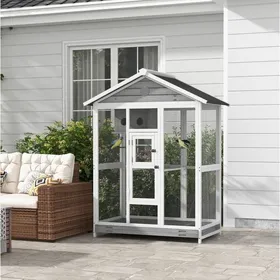Comparer les prix de Voliere Oiseaux Blanc Et Gris Cage A Oiseaux FloraGrace Pour Interieur Et Exterieur Bac Coulissant Et 4 Perchoirs 112x68x154cm