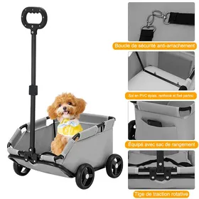 Meilleurs prix pour GRIS Poussette pliable pour chien chat animaux Poussette avec Tige de traction rotatif et sac de rangement corde de sécurité