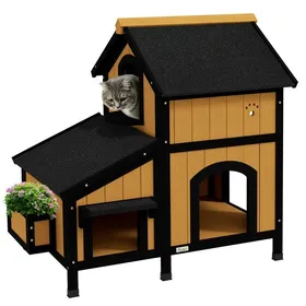 Comparer les prix de Niche Maison Pour Chat En Bois De Sapin 2 Niveaux + Jardinière Toit Asphalte Résistant Hiver Jaune 96x65x85.5cm