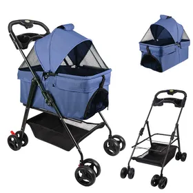 Meilleurs prix pour BLEU Poussette pliable 3-en-1 pour Chien chat animaux, Sac de transport amovibl, Avec panier de rangement et porte-gobelet,