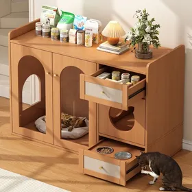 Meilleurs prix pour Buffet-Meuble multifonction 5-en-1 pour chat 120x45x76 cmarmoire litière cachée tiroir à gamelles inox MDF verre