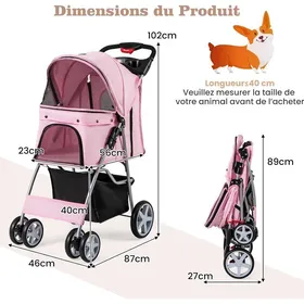 Meilleurs prix pour GIANTEX Poussette Pliable pour Animaux Chariot avec Panier/Plateau de Rangement/Porte-gobelet Auvent Réglable 87x46x102cm Rose