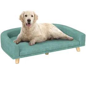Meilleurs prix pour Canapé chien lit pour chien design scandinave coussin déhoussable dim 98L x 67l x 25H cm pieds bois tissu polyester vert
