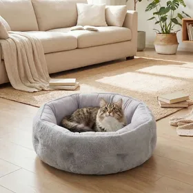 Meilleurs prix pour Lit pour chat réversible lit pour chats dintérieur et petits chiens lit rond avec rebord de soutien gris clair