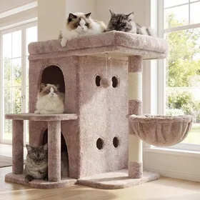 Meilleurs prix pour Arbre à Chat Tour de 65 cm pour Grands Chats avec Plateforme Spacieuse Cabines Double Couche Poteaux à Griffes enMarron Beige