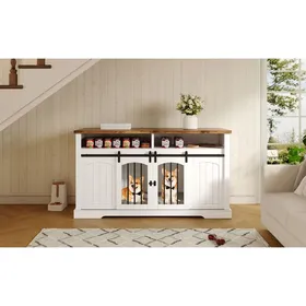 Meilleurs prix pour Meuble cage d’intérieur pour chien 153 x 60 x 85 cm blanc et plateau marron vintage portes coulissantes