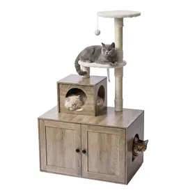 Meilleurs prix pour Relaxdays arbre à chat meuble à litière H x L x P : 133 x 78 x 49 cm poteaux en sisal aspect bois marron clair