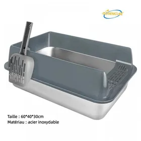 Comparer les prix de Bac à litière en acier inoxydable 60 x 40 x 30 cm QUIIENCLEE finition métallique design contemporain gris