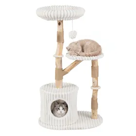 Comparer les prix de Costway Arbre à Chat 105cm en Bois de Poirier Multi-niveaux avec Niche Fermée Poteaux à Griffer en Sisal pour Plusieurs Chats Beige